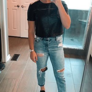 Crop Leather Sleeve Sleeve Top